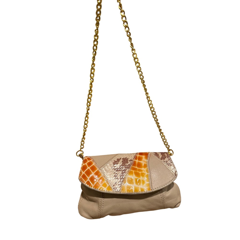 CHI Genuine Leather Snakeskin‎ Patchwork Crossbody Bag Gold Chain Beige Orange